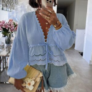 Freya Cotton Style Floral Tie-Up Top-Sky Blue