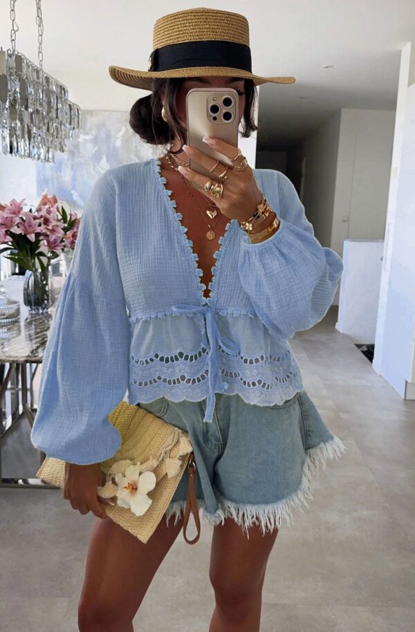 Freya Cotton Style Floral Tie-Up Top-Sky Blue