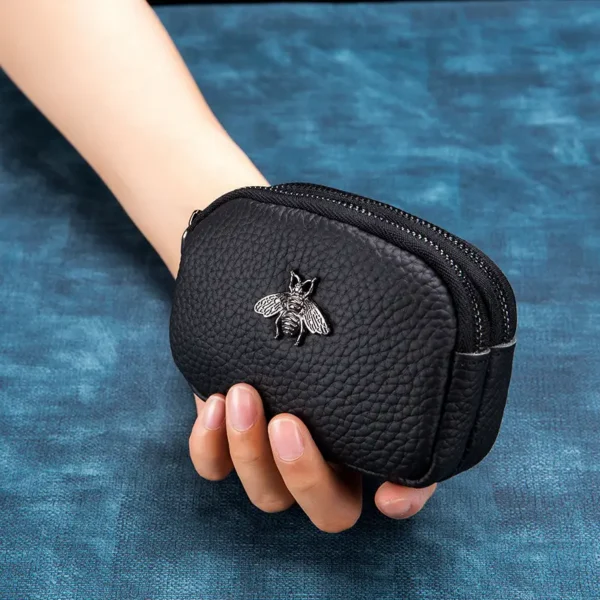 Real Leather Double Zipper Bee Coin Purse - Image 2