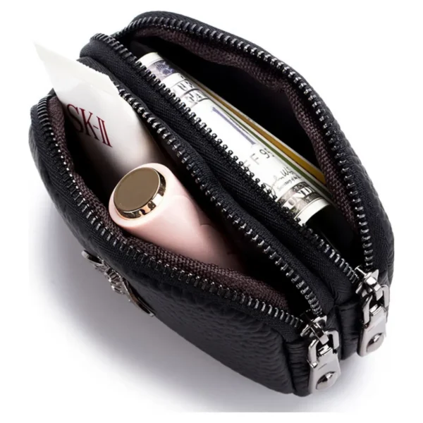 Real Leather Double Zipper Bee Coin Purse - Image 3